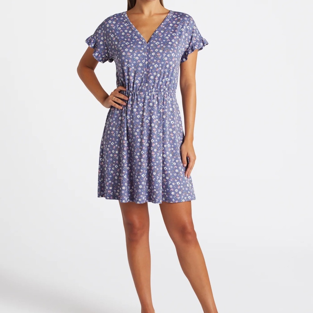 French Grey Floral V-Neck Dress